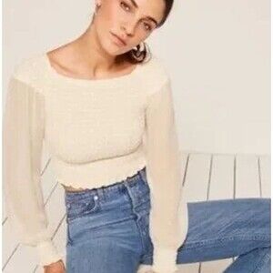 Reformation Cream Smocked Sheer Long Sleeve Top Blouse Women’s Size M